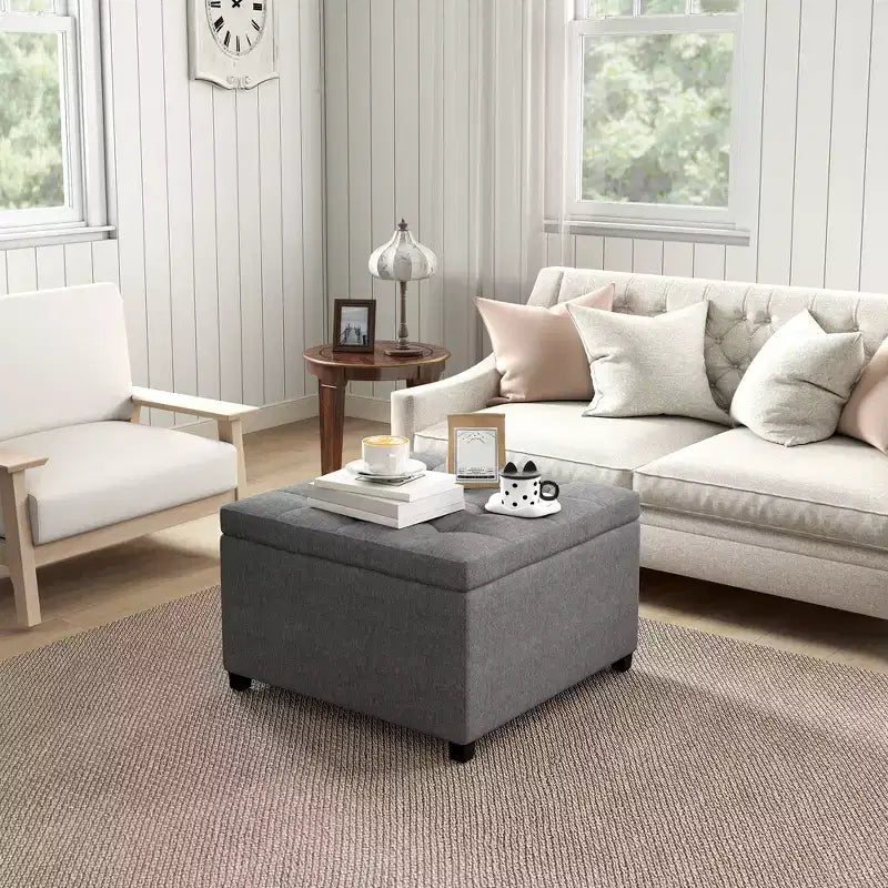 Banc Ottoman Rond de Rangement, Pouf Capitonnage à Boutons avec Dessus Rabattable