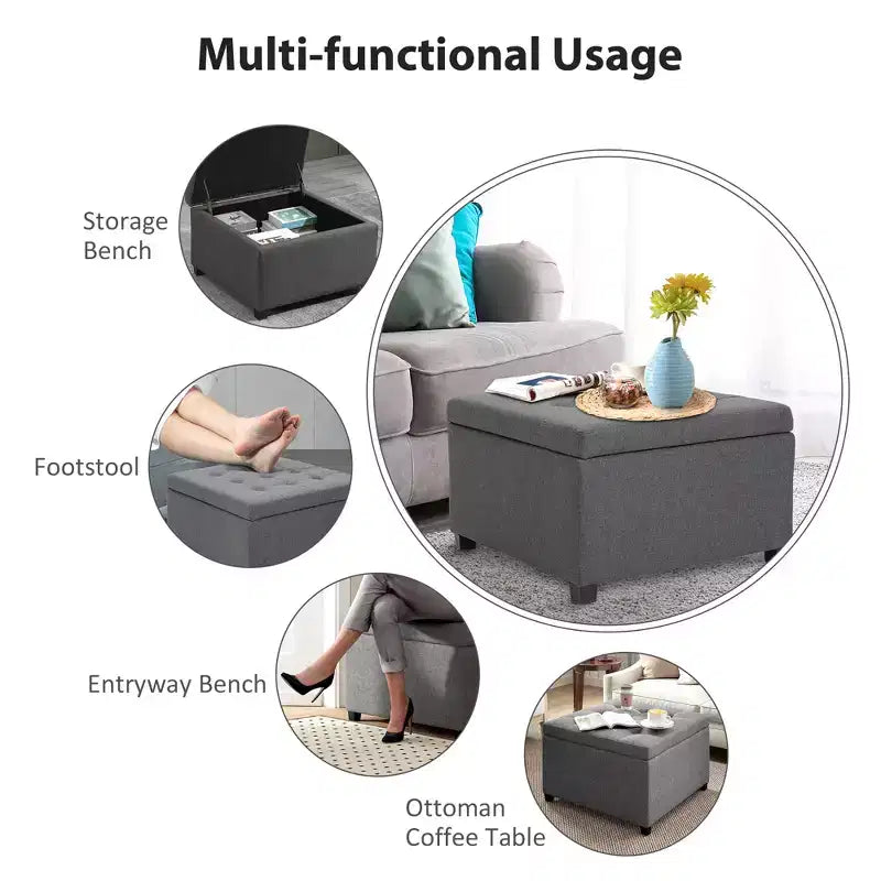 Banc Ottoman Rond de Rangement, Pouf Capitonnage à Boutons avec Dessus Rabattable