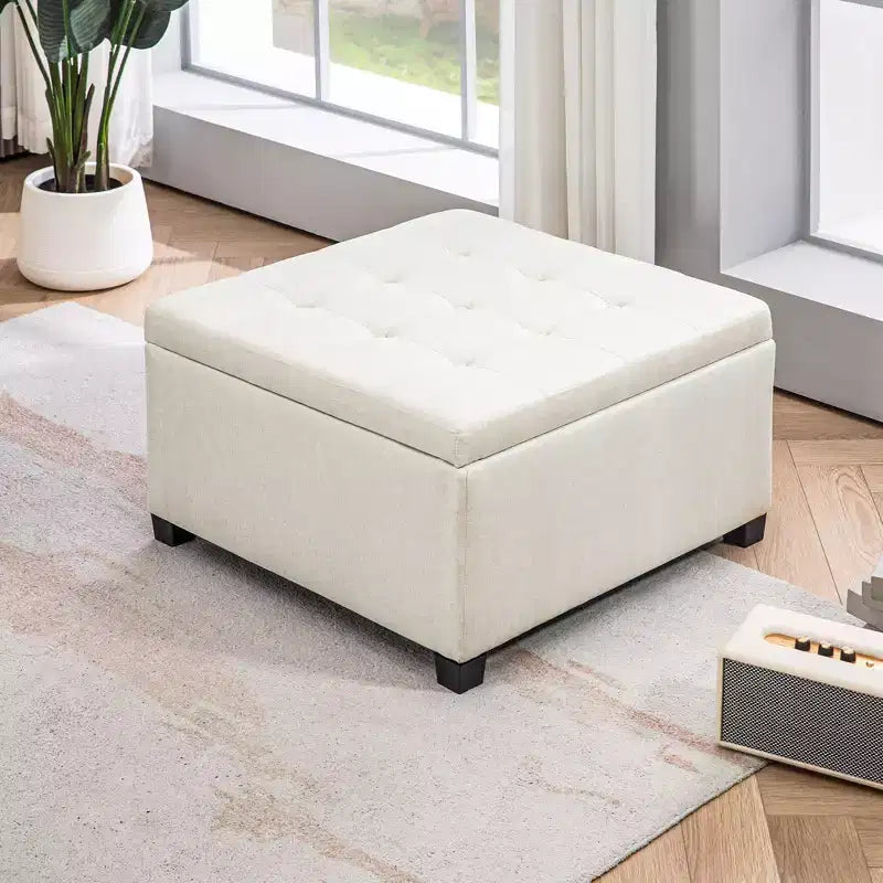 Banc Ottoman Rond de Rangement, Pouf Capitonnage à Boutons avec Dessus Rabattable