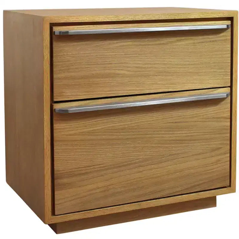 Table de chevet à deux tiroirs en bois massif et manufacturé naturel
