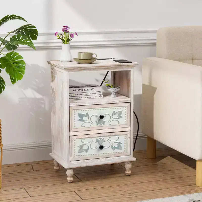 Table de chevet blanche avec station de recharge, Table de nuit haute