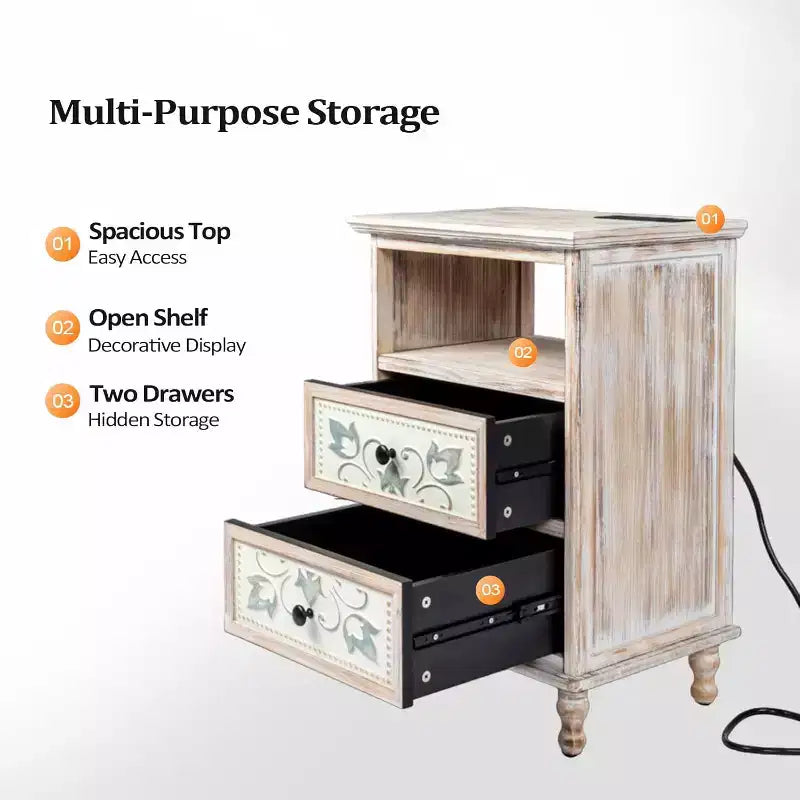 Table de chevet blanche avec station de recharge, Table de nuit haute