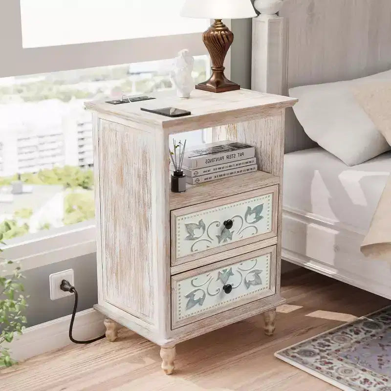 Table de chevet blanche avec station de recharge, Table de nuit haute