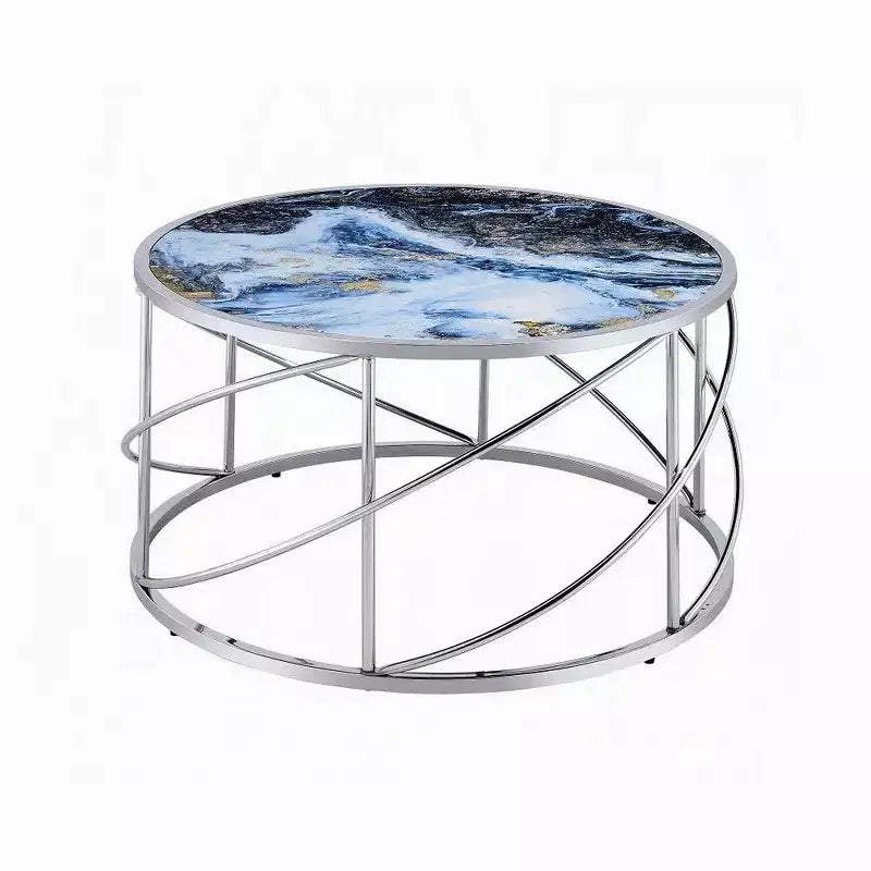 Table basse ronde piètement ouvert chromé, marbre synthétique bleu