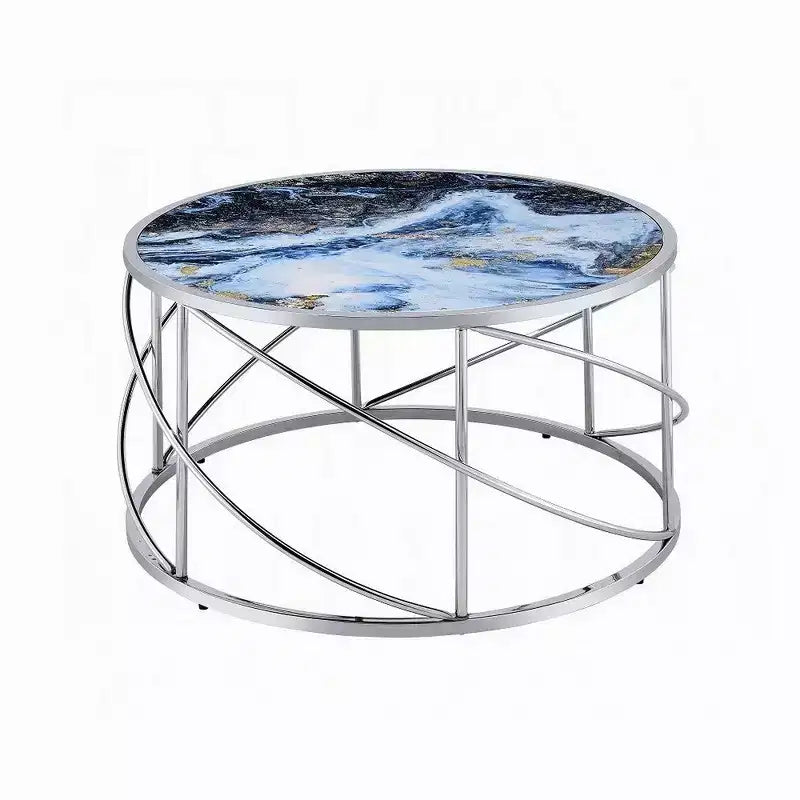 Table basse ronde piètement ouvert chromé, marbre synthétique bleu