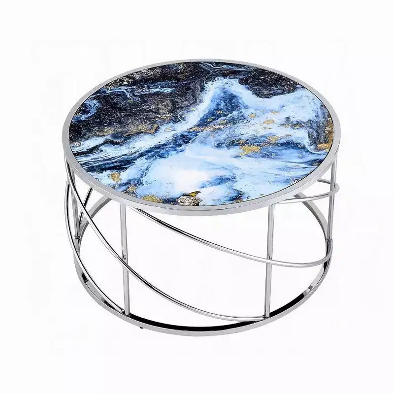 Table basse ronde piètement ouvert chromé, marbre synthétique bleu