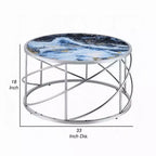 Table basse ronde piètement ouvert chromé, marbre synthétique bleu
