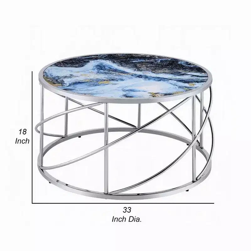 Table basse ronde piètement ouvert chromé, marbre synthétique bleu