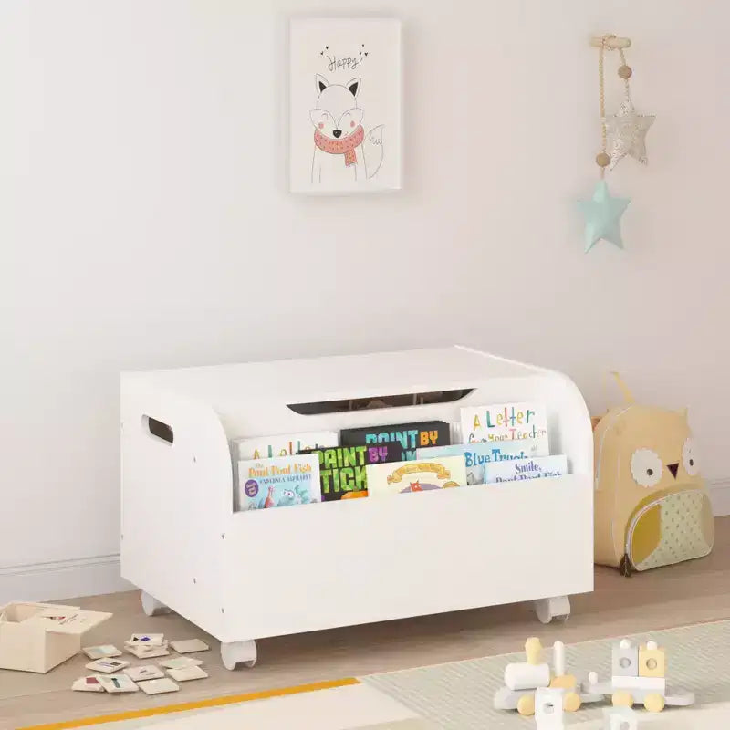 Coffre à jouets en bois, organisateur de rangement pour enfants avec étagère à livres frontale