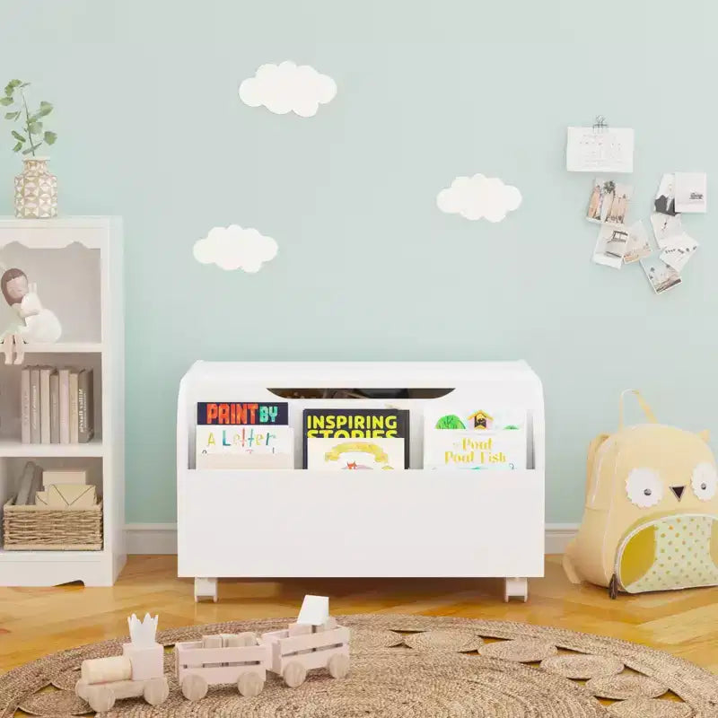 Coffre à jouets en bois, organisateur de rangement pour enfants avec étagère à livres frontale