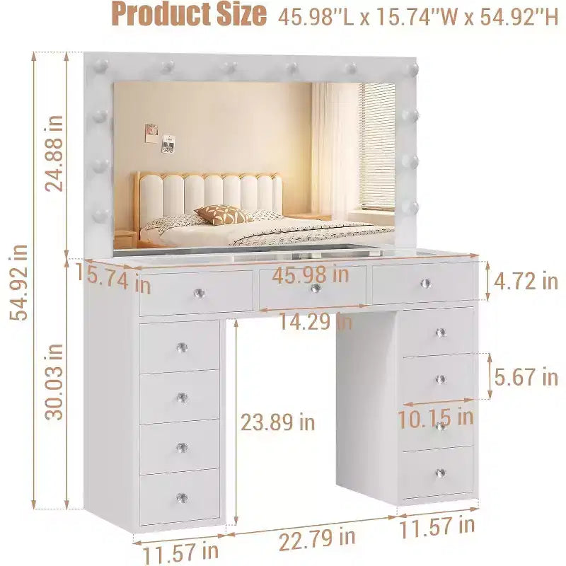 Coiffeuse avec prise de courant, miroir et plateau en verre