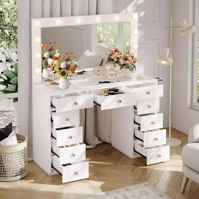 Coiffeuse avec prise de courant, miroir et plateau en verre