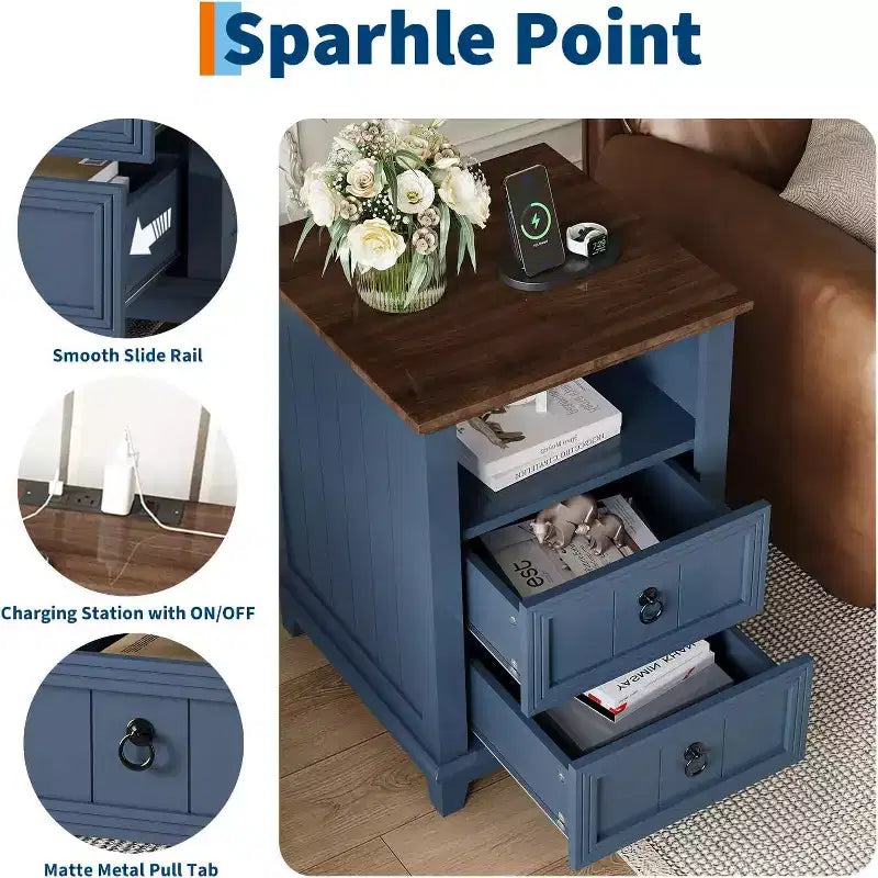Compact Wooden End Table Small Bedside Table,Nightstand Set of 2 with Charging Station, 2 Drawers for Bedroom Living Room, Blue