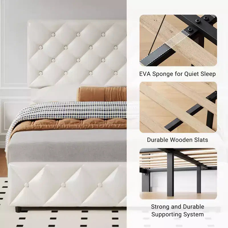 Full-size bed frame with 4 storage drawers, headboard, linen upholstery, diamond-stitched button tufting, no spring mattress required.
