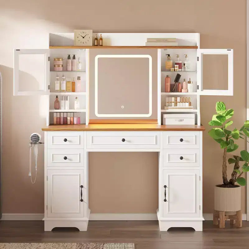 Coiffeuse avec miroir lumineux LED, étagères de rangement et station de charge