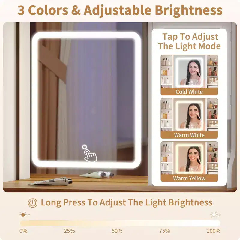 Coiffeuse avec miroir lumineux LED, étagères de rangement et station de charge
