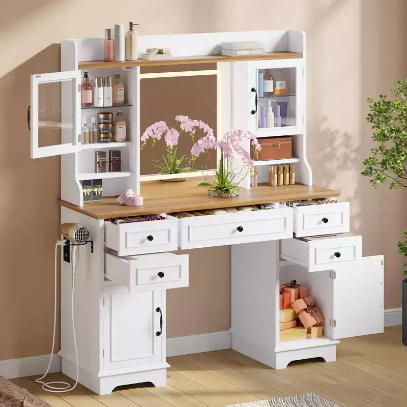 Coiffeuse avec miroir lumineux LED, étagères de rangement et station de charge