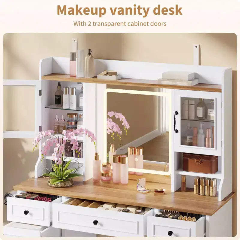 Coiffeuse avec miroir lumineux LED, étagères de rangement et station de charge