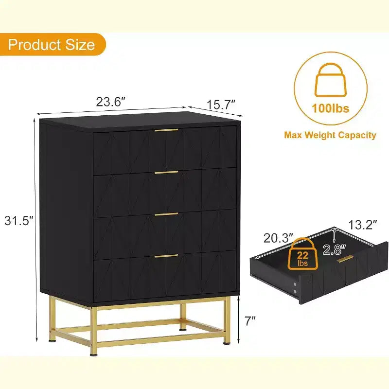Buffet 4 tiroirs, Meuble de rangement moderne avec pieds dorés