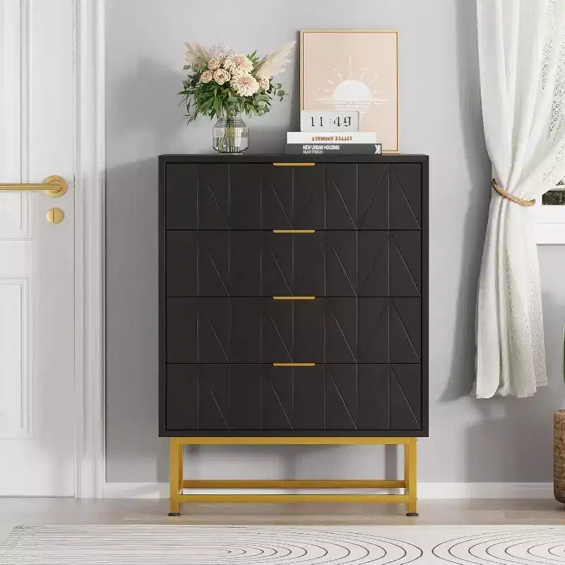 Buffet 4 tiroirs, Meuble de rangement moderne avec pieds dorés