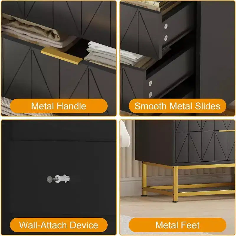 Buffet 4 tiroirs, Meuble de rangement moderne avec pieds dorés