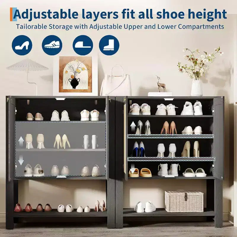 Meuble à chaussures en rotin à 5 niveaux, Organisateur de style rustique, Meuble de rangement étroit pour chaussures