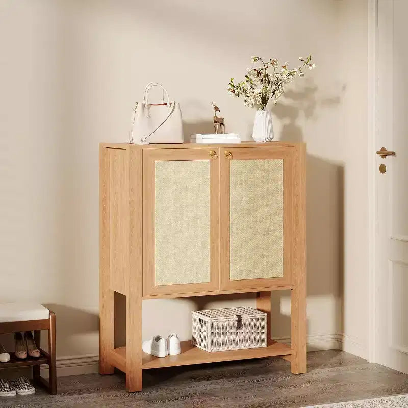 Meuble à chaussures en rotin à 5 niveaux, Organisateur de style rustique, Meuble de rangement étroit pour chaussures