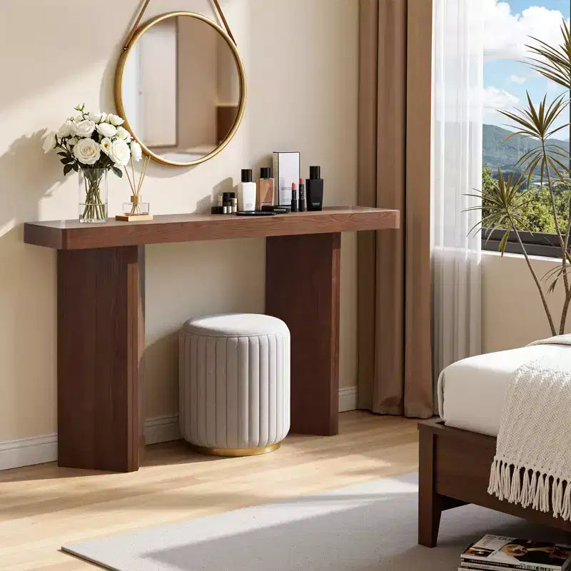 Console étroite avec plateau en placage de bois massif et style moderne