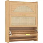 3 Flip Drawers Wood Shoe Storage Cabinet, Shoe Cabinet Freestanding with Rattan Doors & Adjustable Shelves for Entryway, Closet, Hallway