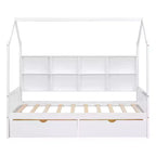Wooden Twin Size House Bed With 2 Drawers, Storage Shelf Kids' Bed, Multifunctional Sky Roof House Bed Frame, White_Twin Size 1