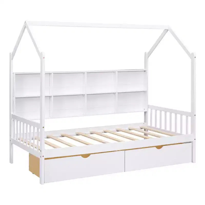 Lit Enfant Maison en Bois avec Étagère de Rangement, Cadre de Lit Multifonctionnel Maison avec Toit Ciel