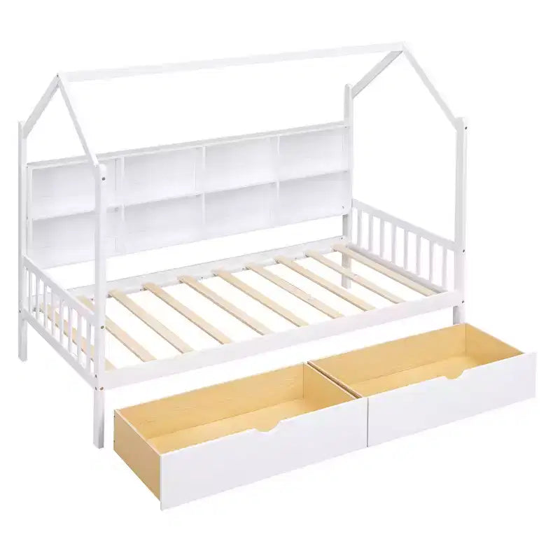 Lit Enfant Maison en Bois avec Étagère de Rangement, Cadre de Lit Multifonctionnel Maison avec Toit Ciel