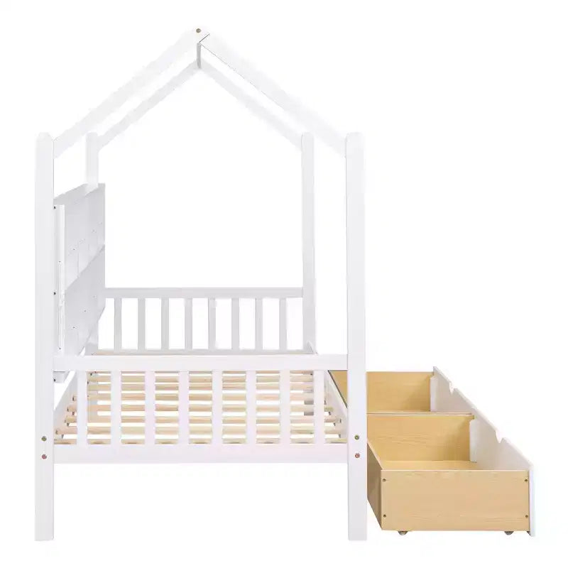 Lit Enfant Maison en Bois avec Étagère de Rangement, Cadre de Lit Multifonctionnel Maison avec Toit Ciel