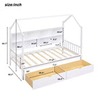 Lit Enfant Maison en Bois avec Étagère de Rangement, Cadre de Lit Multifonctionnel Maison avec Toit Ciel