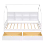 Lit Enfant Maison en Bois avec Étagère de Rangement, Cadre de Lit Multifonctionnel Maison avec Toit Ciel