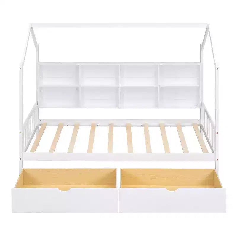 Lit Enfant Maison en Bois avec Étagère de Rangement, Cadre de Lit Multifonctionnel Maison avec Toit Ciel