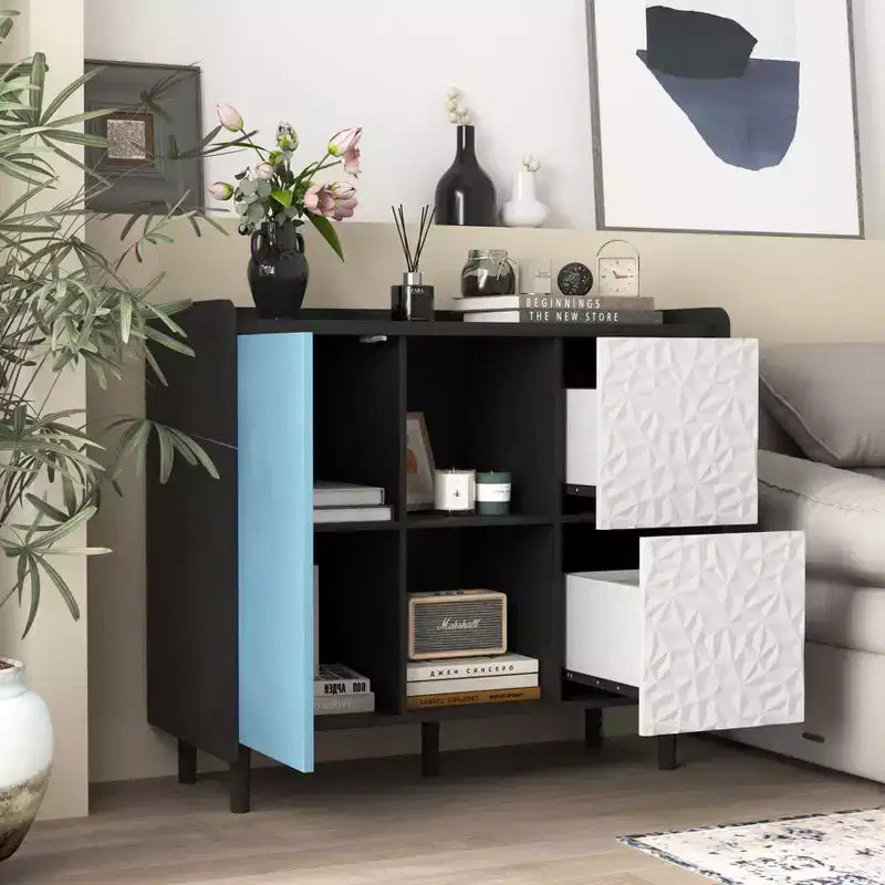 Meuble de rangement, Buffet bas noir avec 2 étagères ouvertes, Meuble d'appoint