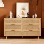 Natural Rattan Storage Cabinet with 6 Drawers, Freestanding Dresser for Bedroom & Living Room, Particle Board, 51.18