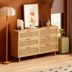 Commode de rangement autonome en rotin naturel avec 6 tiroirs