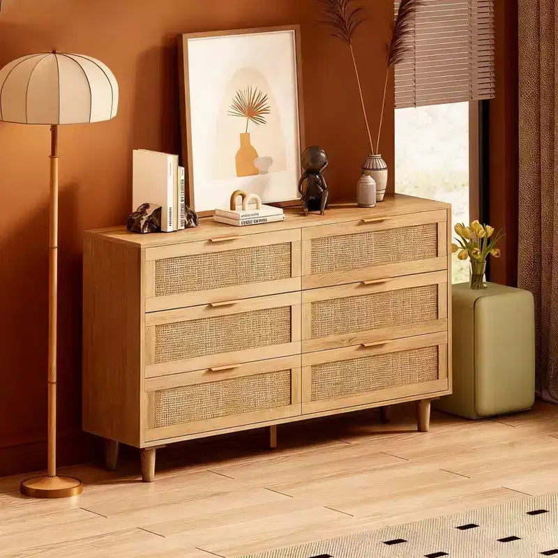 Commode de rangement autonome en rotin naturel avec 6 tiroirs