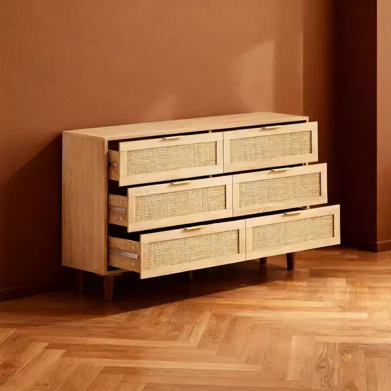 Commode de rangement autonome en rotin naturel avec 6 tiroirs