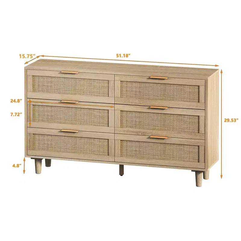 Commode de rangement autonome en rotin naturel avec 6 tiroirs
