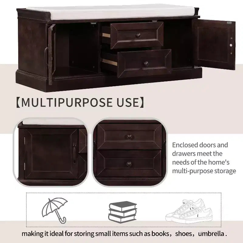 Banc de rangement pour chaussures avec 2 tiroirs, 2 placards, coussin amovible