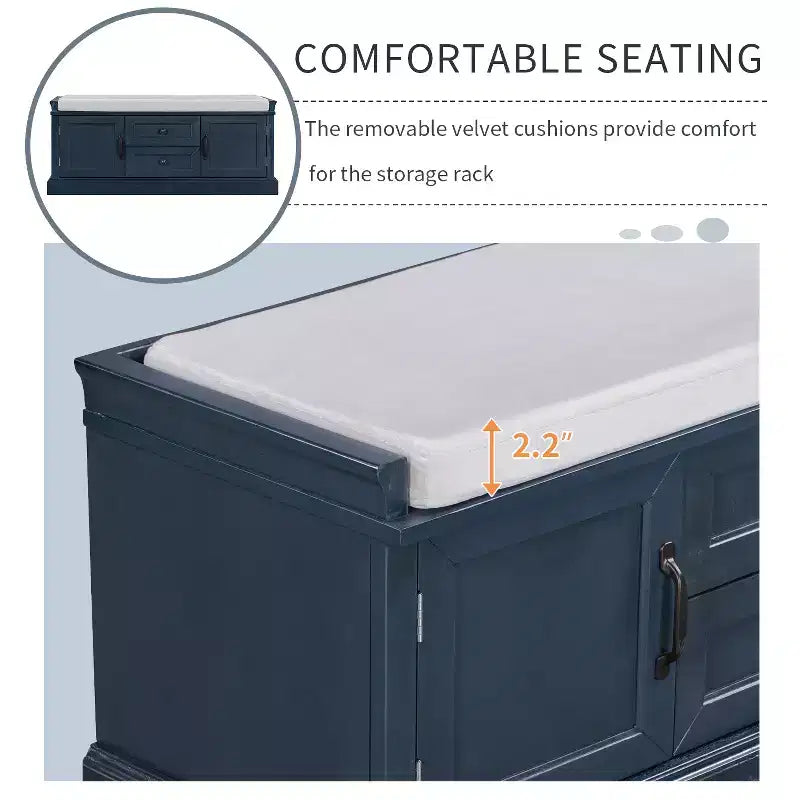 Banc de rangement pour chaussures avec 2 tiroirs, 2 placards, coussin amovible