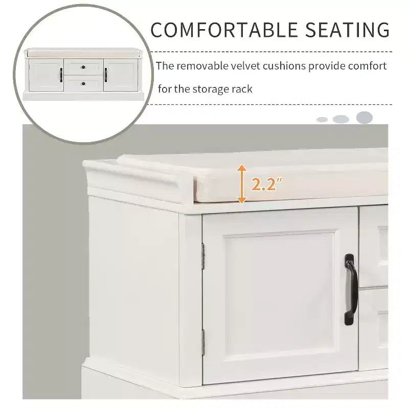 Banc de rangement pour chaussures avec 2 tiroirs, 2 placards, coussin amovible