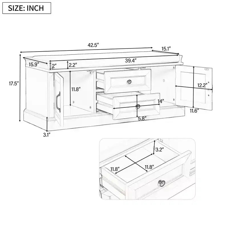 Banc de rangement pour chaussures avec 2 tiroirs, 2 placards, coussin amovible