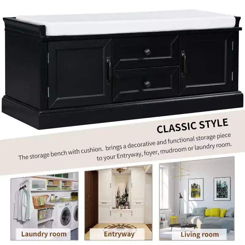 Banc de rangement pour chaussures avec 2 tiroirs, 2 placards, coussin amovible