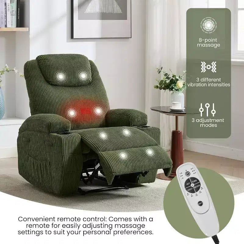 Fauteuil inclinable avec massage et chauffage, canapé simple réglable en velours côtelé