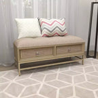 Banc de rangement contemporain en lin beige avec cadre en bois capitonné