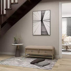 Banc de rangement contemporain en lin beige avec cadre en bois capitonné